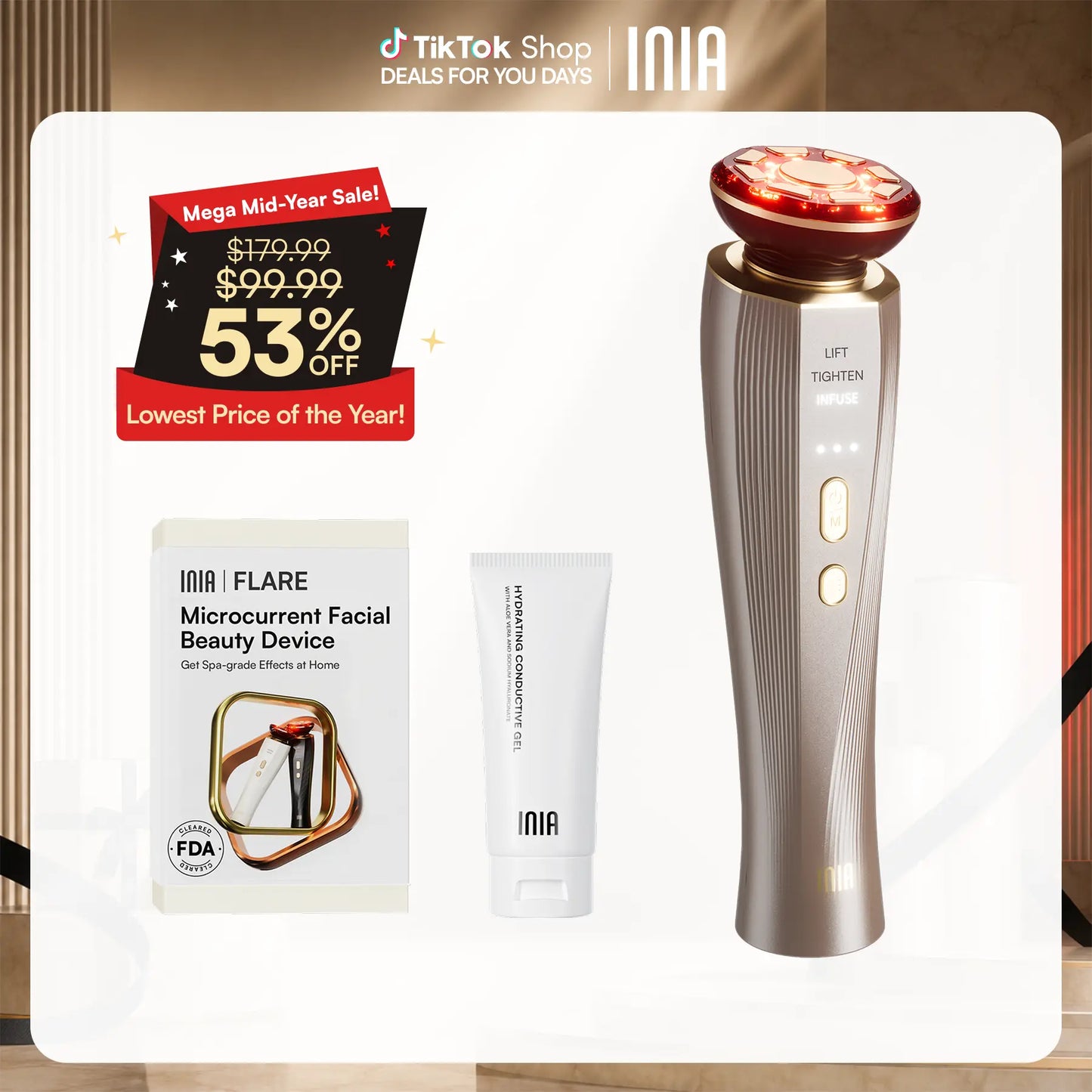 [New Color Drop] INIA FLARE All-In-One Facial Beauty Device, 3-In-1 Facial Massager Beauty Device for Face and Neck Skin Rejuvenation Lifting/ Tightening/ Infusing, Summer Beauty Gift Ideas