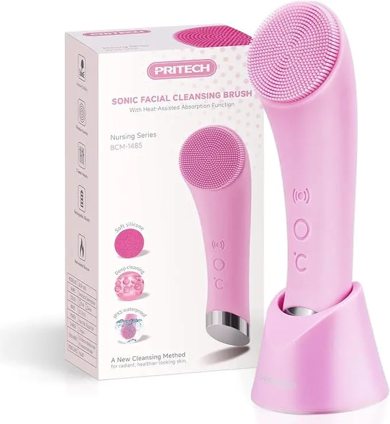Facial Cleansing Brush, PRITECH Heatable Vibrating Face Scrubber with Massage, Silicone Face Scrubber for Women & Men, Electric Facial Cleanser for Deep Cleansing, Gentle Exfoliating (Pink) Summerwins Dealsforyoudays