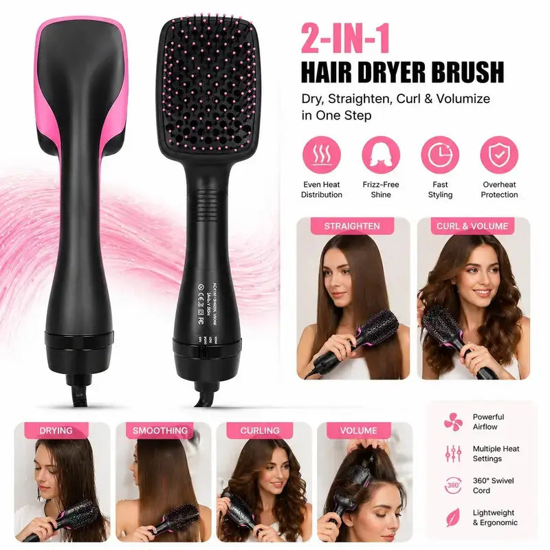 2-In-1 Hot Air Hair Dryer Brush, Professional Blow Dryer Brush for Curling Straightening & Volumizing, Fast Salon-Quality Hair Styling Tool